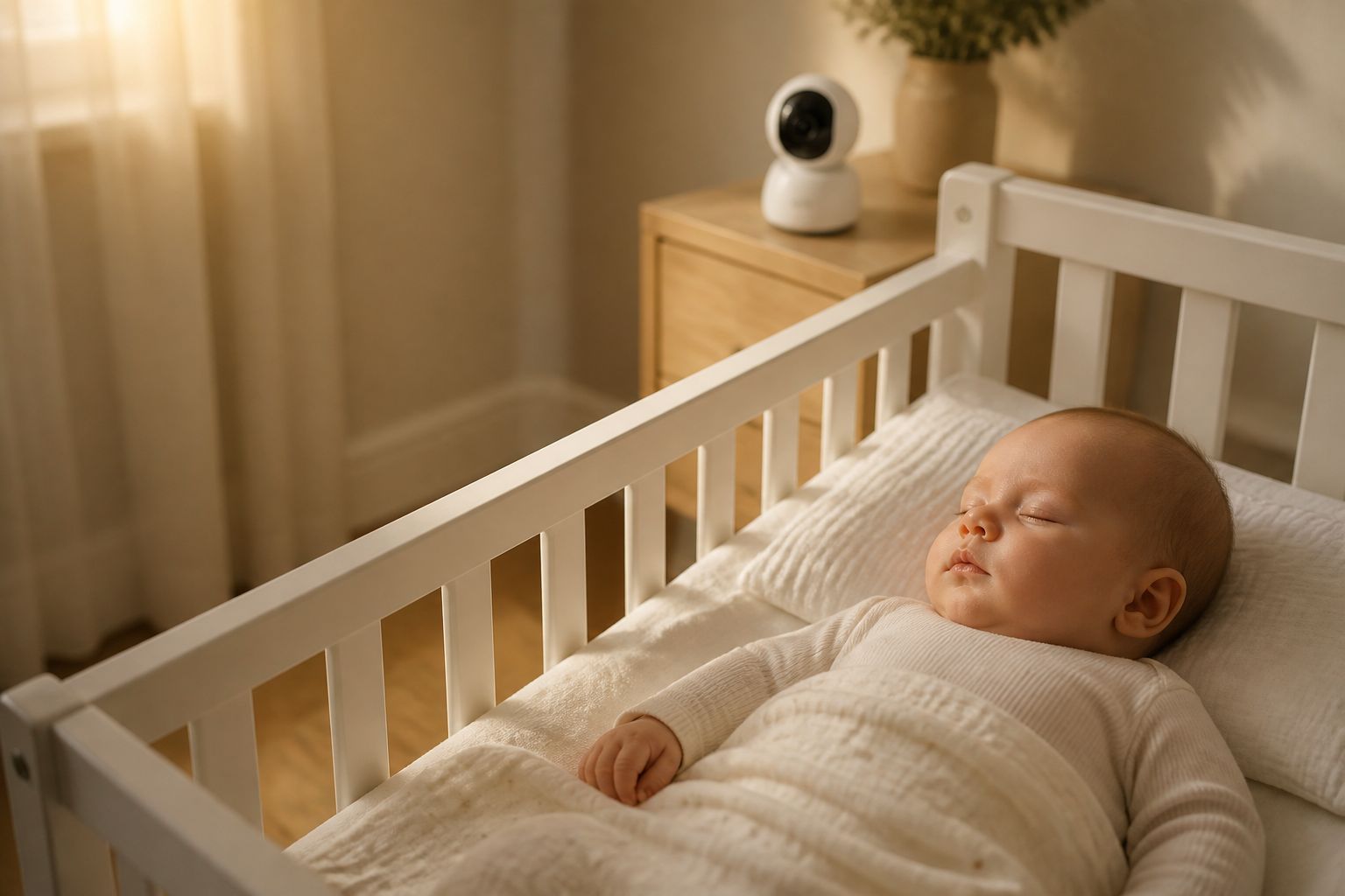 Slapende baby in een witte wieg, met een babyfooncamera op het nachtkastje.